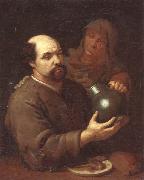 A man seated at a table holding a flagon,a servant offering him a glass of wine